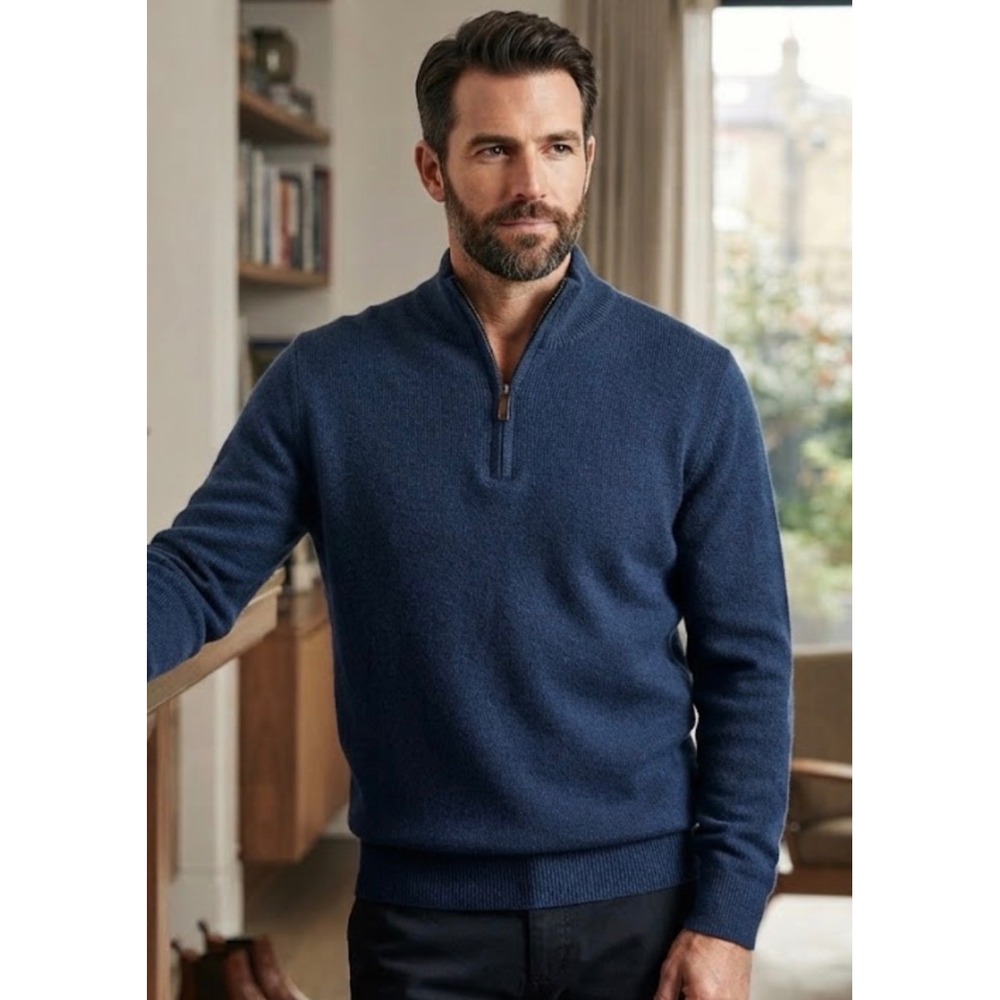 Jos. A. Bank Signature Collection Blue 100% Merino Wool Quarter Zip Sweater XL